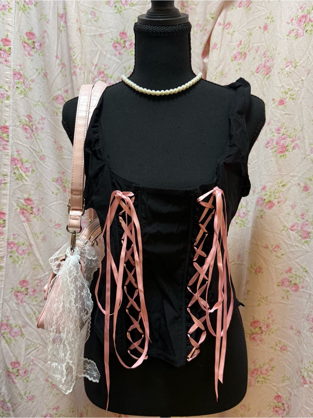 Black Corset Tank Top with Pink Ribbon Lacing
